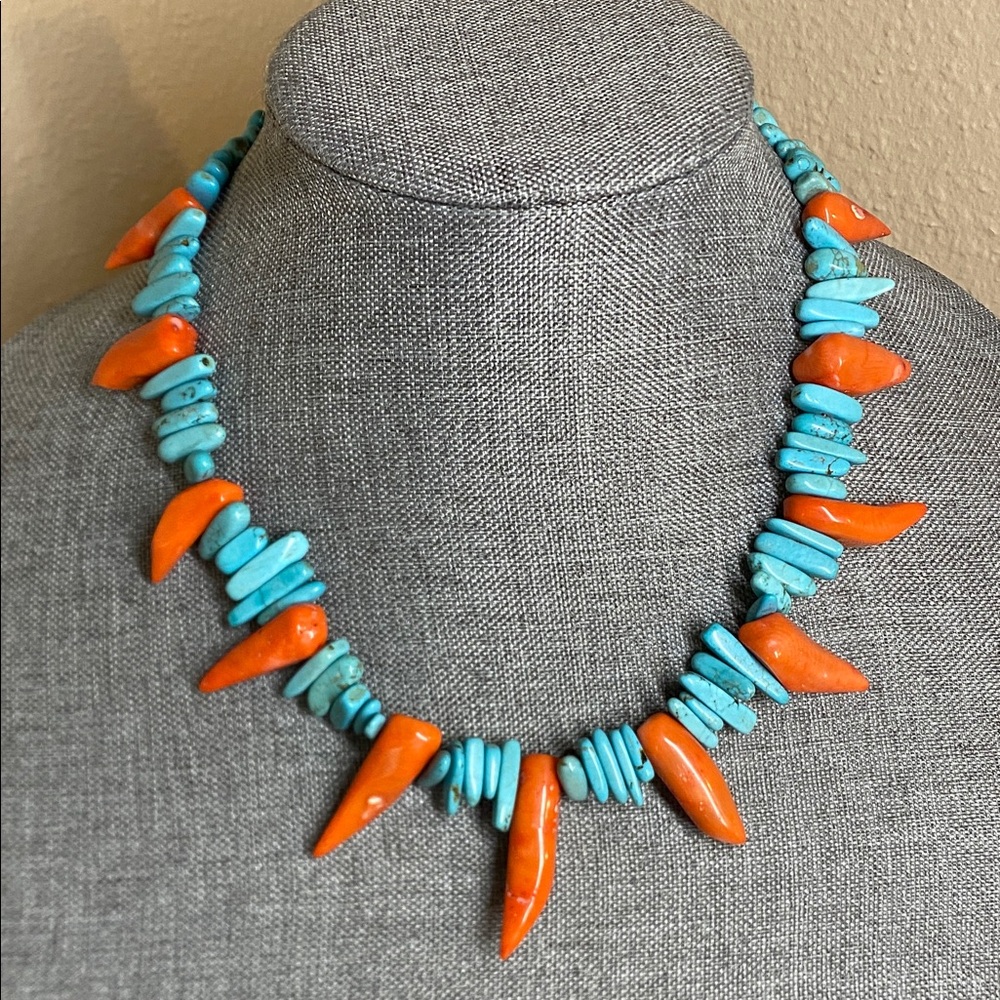 🔥 Bold Turquoise & Orange Coral Spike Necklace – Boho / Southwest Style